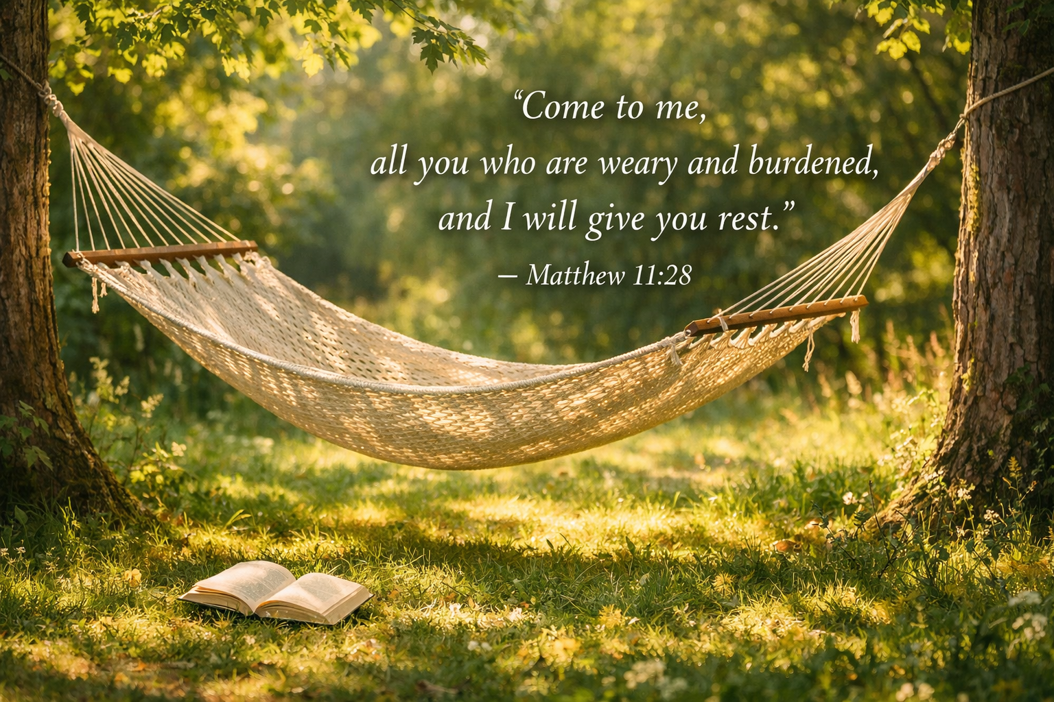 Empty hammock strung between two trees gently swaying, dappled afternoon sun, book left open on grass below, text Come to me and I will give you rest Matthew 11:28 -- HD wallpaper